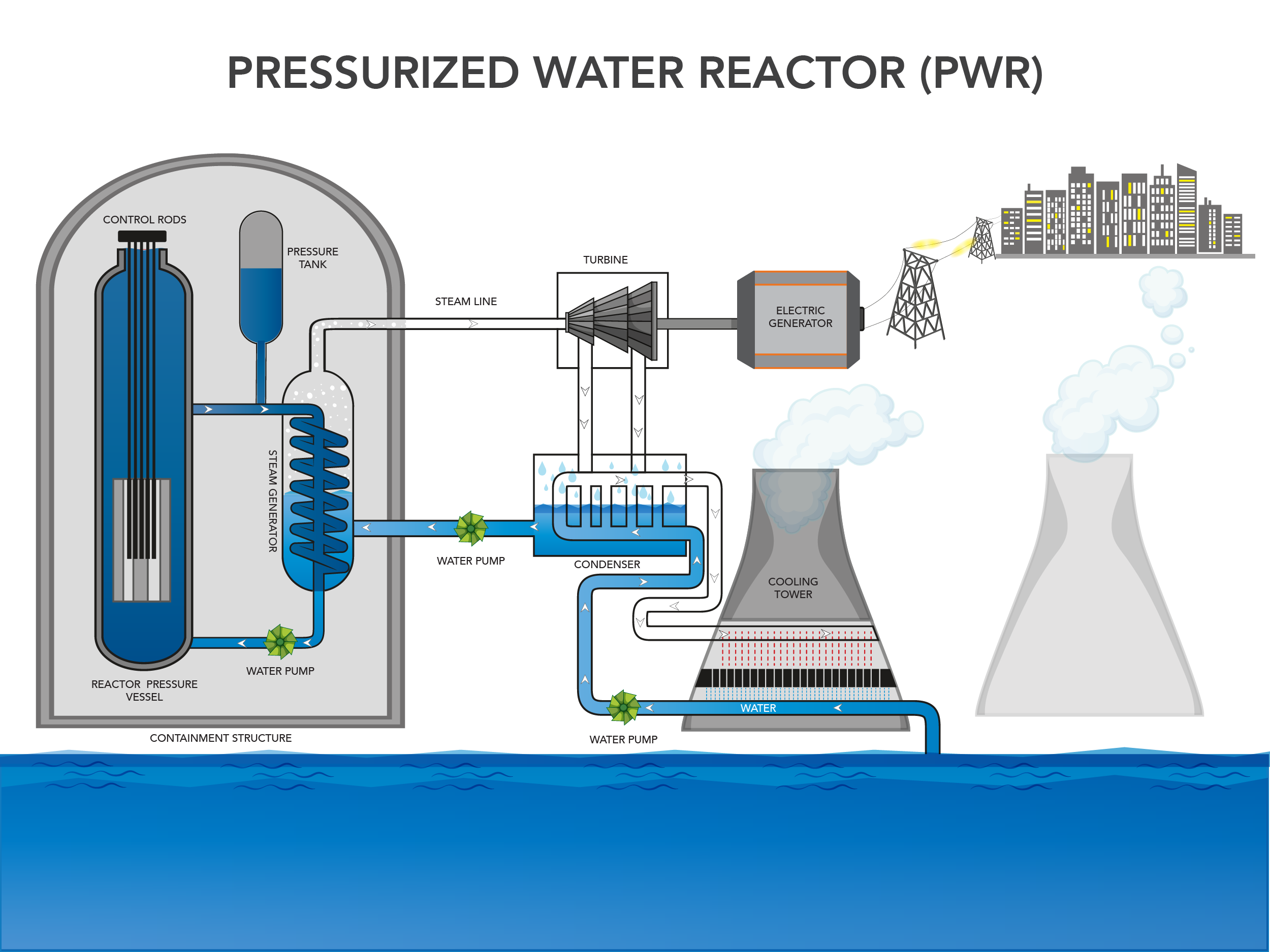 <p>A type of nuclear reactor that uses highly pressurized water to transfer heat from the reactor core to a steam generator (two separate circulation systems, less radioactive/safer).</p><p><strong>-</strong> Nuclear fission in the reactor core heats the primary water to a high temperature. </p><p><strong>-</strong> The water is kept under immense pressure, preventing it from boiling. </p><p><strong>-</strong> This hot, pressurized water flows through tubes in a steam generator. </p><p><strong>-</strong> The heat from the primary water is transferred to a secondary water system, causing it to boil and turn into steam. </p><p><strong>-</strong> The steam then turns a turbine connected to a generator to produce electricity. </p><p><strong>-</strong> The water from the primary loop remains separate from the steam in the secondary loop, which keeps most of the radioactivity contained within the primary system</p>