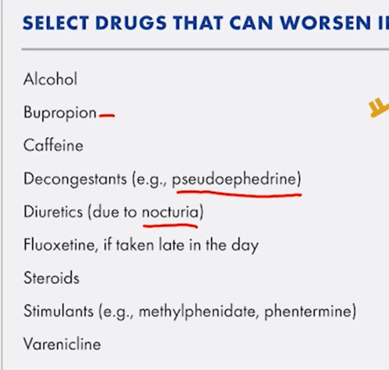<p>AChEi (Donepezil)</p><p>Alcohol</p><p>Antiretrovirals</p><p>Aripiprazole</p><p>Atomoxetine</p><p>Bupropion</p><p>Caffeine</p><p>Decongestants</p><p>Diuretics(peeing)</p><p>Fluoxetine, steroids, stimulants varenicline</p>