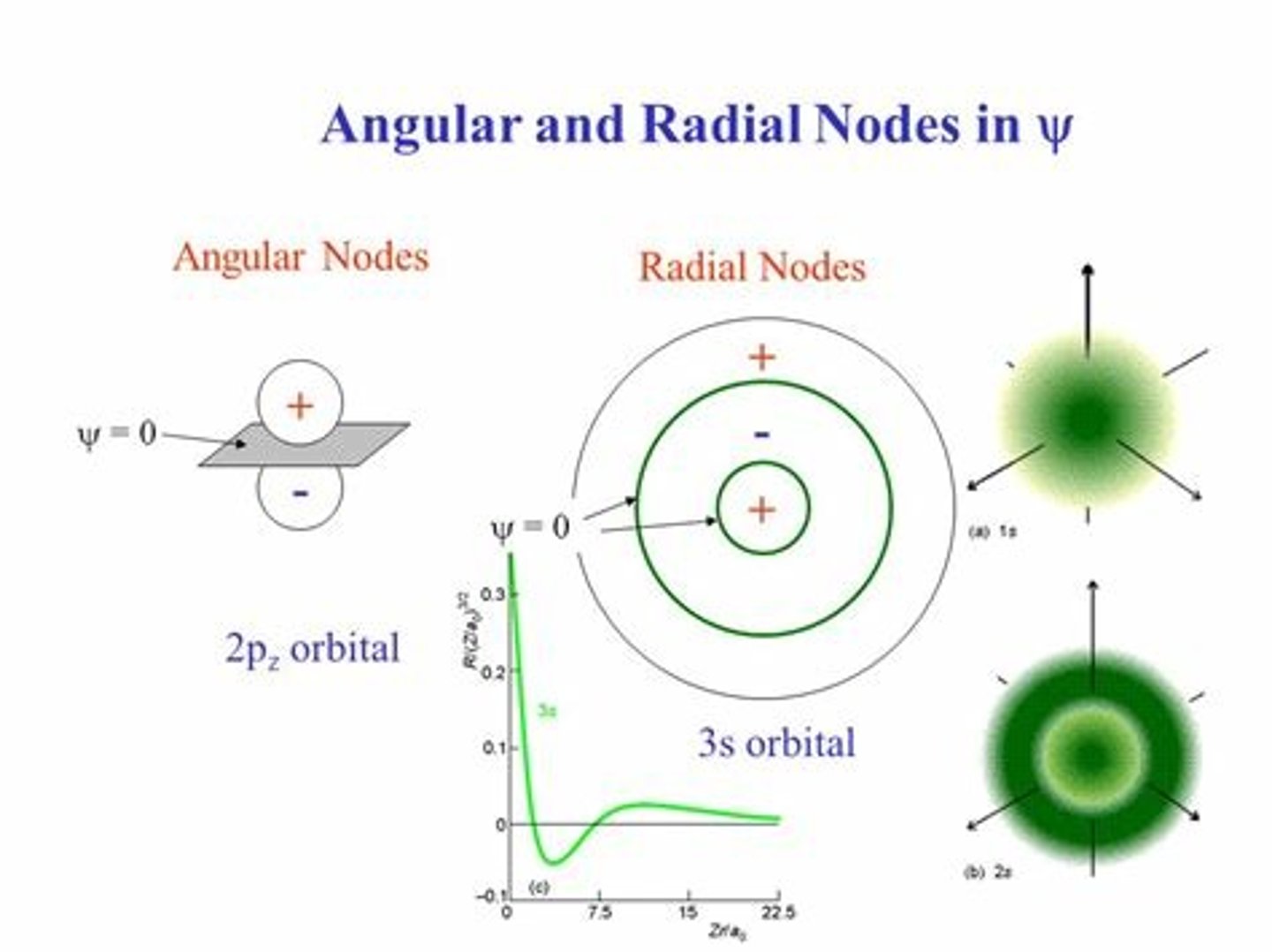 <p>- Node: where there is zero electron density/areas where there is no probability of finding an electron</p><p>- Radial Nodes: spherical surface area where no electrons will be found (more common in the space between s orbitals)</p><p>- Planar Nodes: planes between orbitals where electrons will not be found (more common in space between p orbitals)</p>