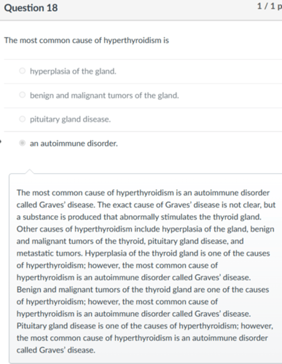<p>an autoimmune disorder.</p><p>The most common cause of hyperthyroidism is an autoimmune disorder called Graves' disease. The exact cause of Graves' disease is not clear, but a substance is produced that abnormally stimulates the thyroid gland. Other causes of hyperthyroidism include hyperplasia of the gland, benign and malignant tumors of the thyroid, pituitary gland disease, and metastatic tumors. Hyperplasia of the thyroid gland is one of the causes of hyperthyroidism; however, the most common cause of hyperthyroidism is an autoimmune disorder called Graves' disease. Benign and malignant tumors of the thyroid gland are one of the causes of hyperthyroidism; however, the most common cause of hyperthyroidism is an autoimmune disorder called Graves' disease. Pituitary gland disease is one of the causes of hyperthyroidism; however, the most common cause of hyperthyroidism is an autoimmune disorder called Graves' disease.</p>