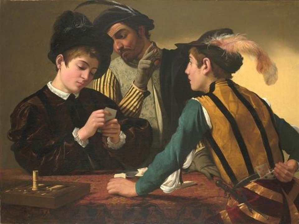 <p><strong>Batoteiros e a Vidente</strong></p><p><strong>Nicolas Régnier</strong></p><p><strong>Década de 20 do século XVII</strong></p><ul><li><p>Duas versões por Nicolas;</p></li><li><p>Temas de Caravaggio: Vidente (dai a 2 flashcards) e Batoteiros (neste flashcard) (ambos da década 90 do séc XVII)</p></li></ul><p><a target="_blank" rel="noopener noreferrer nofollow" class="link" href="https://artsandculture.google.com/story/cheat-and-trickery-cardsharps-and-fortune-teller/0QXB_dwxnyuFJw" data-prevent-progress="true">https://artsandculture.google.com/story/cheat-and-trickery-cardsharps-and-fortune-teller/0QXB_dwxnyuFJw</a><br>“Fortune tellers also became a subject in Régnier’s work. As in Caravaggio’s painting, a young woman prophesies a young man’s fate by reading his palm.<br>Here, Régnier offers a particularly detailed rendering of the young woman’s clothing: as in Caravaggio’s work, the fortune teller wears a blue shawl and covers her head with an embroidered, light-coloured cloth.</p><p>The young man sitting near the fortune teller is so taken with her and her peculiar manner that he momentarily neglects his cards. young man’s carelessness is immediately exploited by his fellow player: she leans over to have a peek at his hand..</p><p>…and signals to the dark-clothed man in the background – obviously cardsharps (batoteiros) in collusion with each other!</p><p>The players on the opposite side of the table are also cheating. The soldier in the plumed helmet leans in to catch a glimpse of the cards – and possibly cleavage – of his fellow player.</p><p>In his right hand he holds the six of Clubs, ready to play it.</p><p>Nicolas Régnier’s Cardsharps and Fortune Teller makes such convincing use of chiaroscuro that the painting was long attributed to Caravaggio himself. In this nine-figure composition, Régnier combines the two pictorial themes of the fortune teller and the card player, which Caravaggio was still handling separately in his work in around 1595. ”</p><p><a target="_blank" rel="noopener noreferrer nofollow" class="link" href="https://www.mfab.hu/artworks/9617/" data-prevent-progress="true">https://www.mfab.hu/artworks/9617/</a></p><p>“At the beginning of the seventeenth century, it was in Rome that the artistic heart of all Europe beat. Everyone who was anyone thronged there from every corner of the continent to see the masterpieces of antiquity, and the modern classics Raphael and Michelangelo, who eventually surpassed the ancients. But on arriving there, quite a few pupils were more enchanted by radical contemporary movements, particularly the provocative art of Caravaggio, and quickly forgot the classical greats. Perhaps it is no coincidence that the legacy of Caravaggio was first taken on by the young artists from the North (Holland, Flanders, France), whose home traditions laid closer to his naturalistic approach than those of the Italians, who pursued the celestial copy of reality.<br>One of them was the French Nicolas Régnier, who grew up in Flanders. The monumental Card Players is the epitome of all that the northern youths did to transform what they inherited from Caravaggio. We rove through a decadent world, where ancient greatness has ebbed, and antique marbles are used as drinking benches. There are no upright heroes, only wily tricksters and foolish simpletons roam the ruins. All manner of parasites from nocturnal life – card tricksters, palm-readers, pickpockets, courtesans – have gathered here to rob the victims posing in fashionable clothes, their gaze all the emptier for that. The merrymakers mourn not the loss of the fortune squandered this night, but their entire, wasted, lives.”</p>