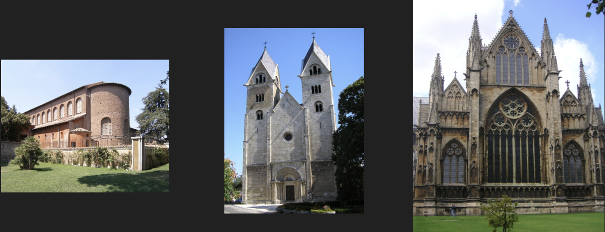 <p>Difference between Basilica, Romanesque, and Gothic models</p>