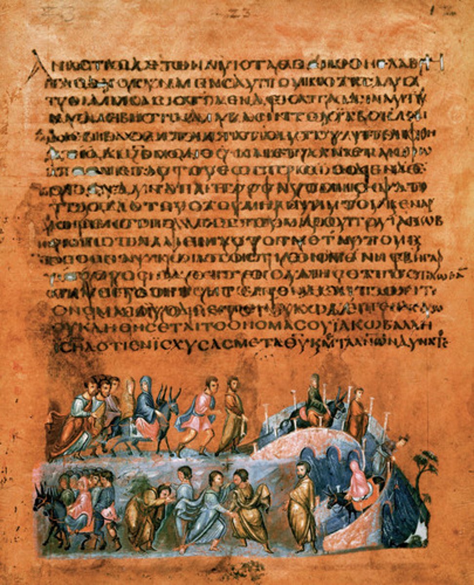 <p>Early Byzantine Europe</p><p>Early sixth century C.E.</p><p>Illuminated manuscript (tempera, gold, and silver on purple vellum)</p>