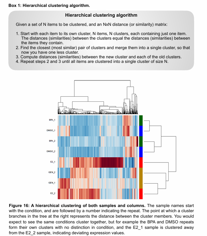 <p>Input is a matrix where the rows correspond to each gene, the columns correspond to samples, and the values are the gene expression levels for a given gene in a given sample (normalised).</p><p>Hierarchical clustering helps answer:</p><ul><li><p>Which genes have similar expression patterns across samples?</p></li><li><p>Which samples show similar transcriptomic profiles?</p></li></ul><p>Two decisions to make in hierarchical clustering:</p><ol><li><p>How will the sample vectors (i.e. columns) be compared?</p><ul><li><p>Euclidian distance</p></li><li><p>Pearson correlation</p></li></ul></li><li><p>How will the clusters of samples be compared?</p><ul><li><p>Centroid clustering</p></li><li><p>Average-linkage clustering</p></li></ul></li></ol><p></p>