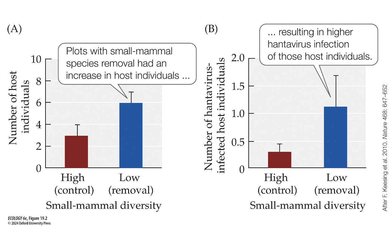 <p>FIGURE 19.2 – Suzan Disease Transmission Increased with Species Diversity Loss</p><p>What evidence shows that reducing small-mammal diversity increases hantavirus transmission?</p>