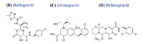 - viral integrases insert viral DNA into the host genome of the host
- integrase inhibitors bind to the catalytic site of HIV integrase and prevent the incorporation of the viral DNA into the host genome
- integrase inhibitors are much more effective than NRTIs and PIs.
- block insertion of HIV DNA. into CD4 cell DNA

note about elvitegravir:  it looks similar to tetracycline, some may say that tetracycline derivatives exhibit inhibitory effects on viral integrases.