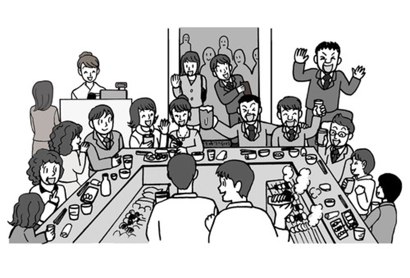 <p>lively; busy [place]; boisterous [person]</p>
