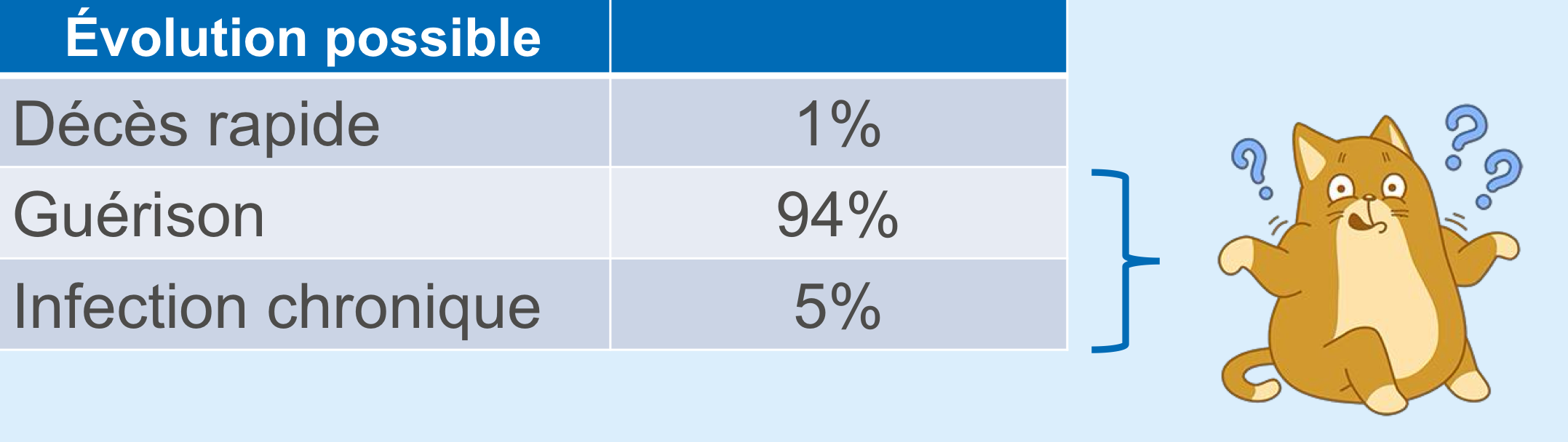 <p>1% mortalité à court terme (- de 2mois)</p><ul><li><p>hépatite fulgurante</p></li><li><p>on peut sauver la vie avec une greffe de foie </p></li></ul><p></p><div data-type="horizontalRule"><hr></div><p>94% guérison </p><ul><li><p>anticorps anti-HBs: nos soldats </p></li></ul><p></p><p>————————————————————</p><p>6% </p><ul><li><p>Infection chronique sans maladie active </p><ul><li><p>ALT normales</p></li></ul><p></p></li><li><p>ou Hépatite chronique </p><ul><li><p>ALT élevés</p></li><li><p>Évolution vers cirrhose (foie dur comme roche)</p></li><li><p>Risque majoré de cancer du foie (hépatocarcinome)</p></li></ul></li></ul><p></p>