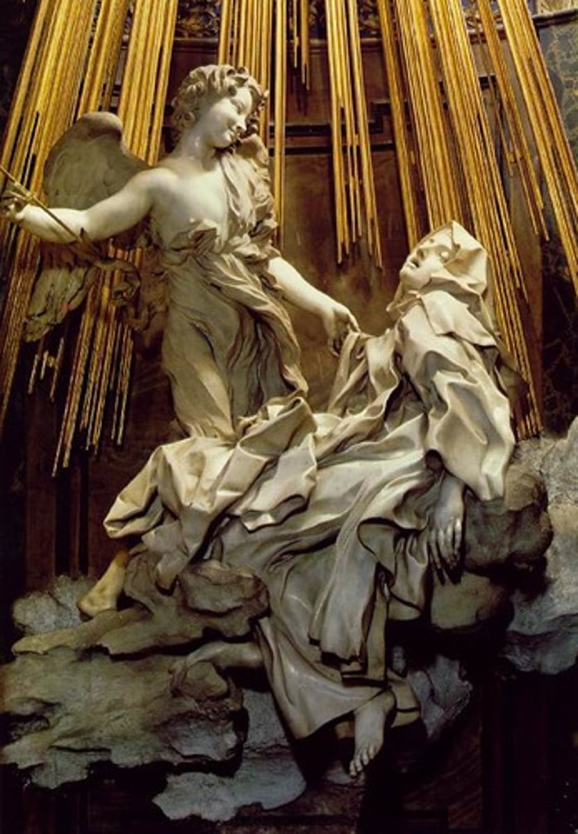 <p>Form:<br>-marble, stucco, gilt bronze<br>-rich color<br>-many shapes and directions<br>-spiritual vs. physical<br>-Baroque<br>-shallow carving<br>-Counter-Reformation<br>Content:<br>-St. Teresa having a vision (physical and spiritual experience)<br>-fresco on ceiling <br>-Holy Spirit as a dove, light coming from HS<br>-columns serving as a frame as you enter chapel<br>-real daylight explosion<br>Function:<br>-Bernini's comeback after his scandal with mistress<br>-inspire and involve the viewer by bring sculptures to life<br>-after St. Teresa canonized<br>-shows union of world<br>Context:<br>-Rome; 1647-52<br>-artist: Bernini (very religious)<br>-sculpter, architect, painter<br>-Italian Baroque</p>