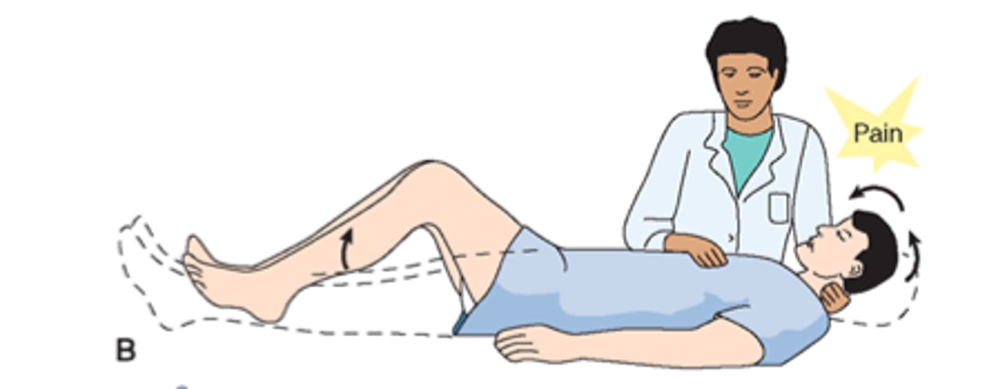 <p>pain with resistance and involuntary flex of hip/knee when neck is flexed to chest when lying supine</p>