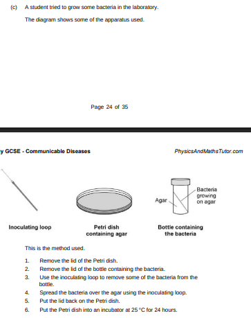 <p>Steps 1−5 could cause the sample of the bacteria on the petri dish to be contaminated. Give three improvements to the method to prevent contamination.(3)</p>