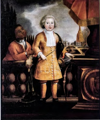 <p><strong>Description</strong>:</p><ul><li><p>Displays a<span>ristocratic young white man who is proud of his property (enslaved black young man), who is trained and obedient to his owner.</span></p></li><li><p><span>The black young man has a silver shackle around his neck, indicating his statues as property, he is also barricaded behind Darnall, and is looking up at him for his approval, signifying their power imbalance</span></p></li><li><p><span>Shows Darnell’s wealth and possessions that include his golden coat, bow and arrow (skill) and garden with structured geometric shape (order)</span></p></li></ul><p>(English Colonies)</p>