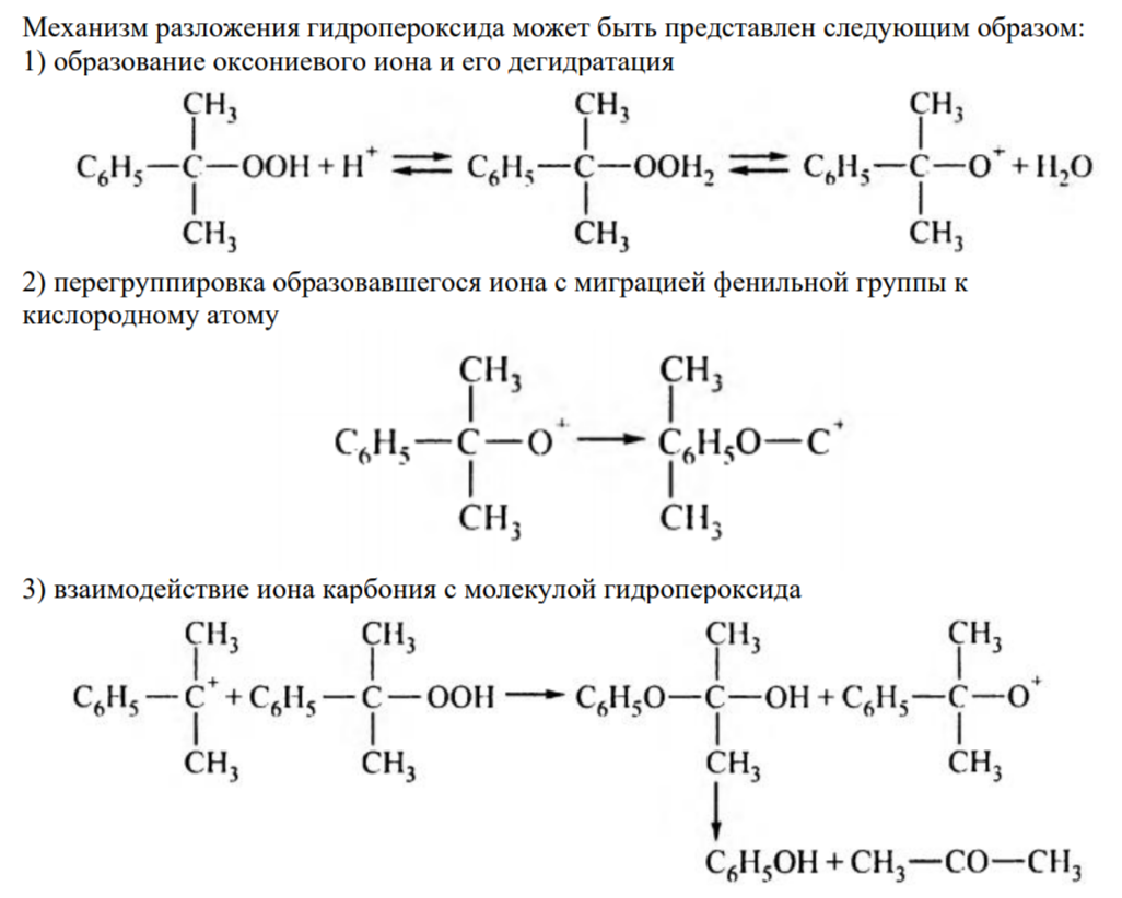 <p></p><p>Оптимальная температура 50-60 С. На разложение подают чаще всего разбавленный гидропероксид - для избежания взрыва.</p><p><u>Побочные продукты: </u>Кумилфенол, метилстирол, окись мезитила, дифенилолпропан</p>