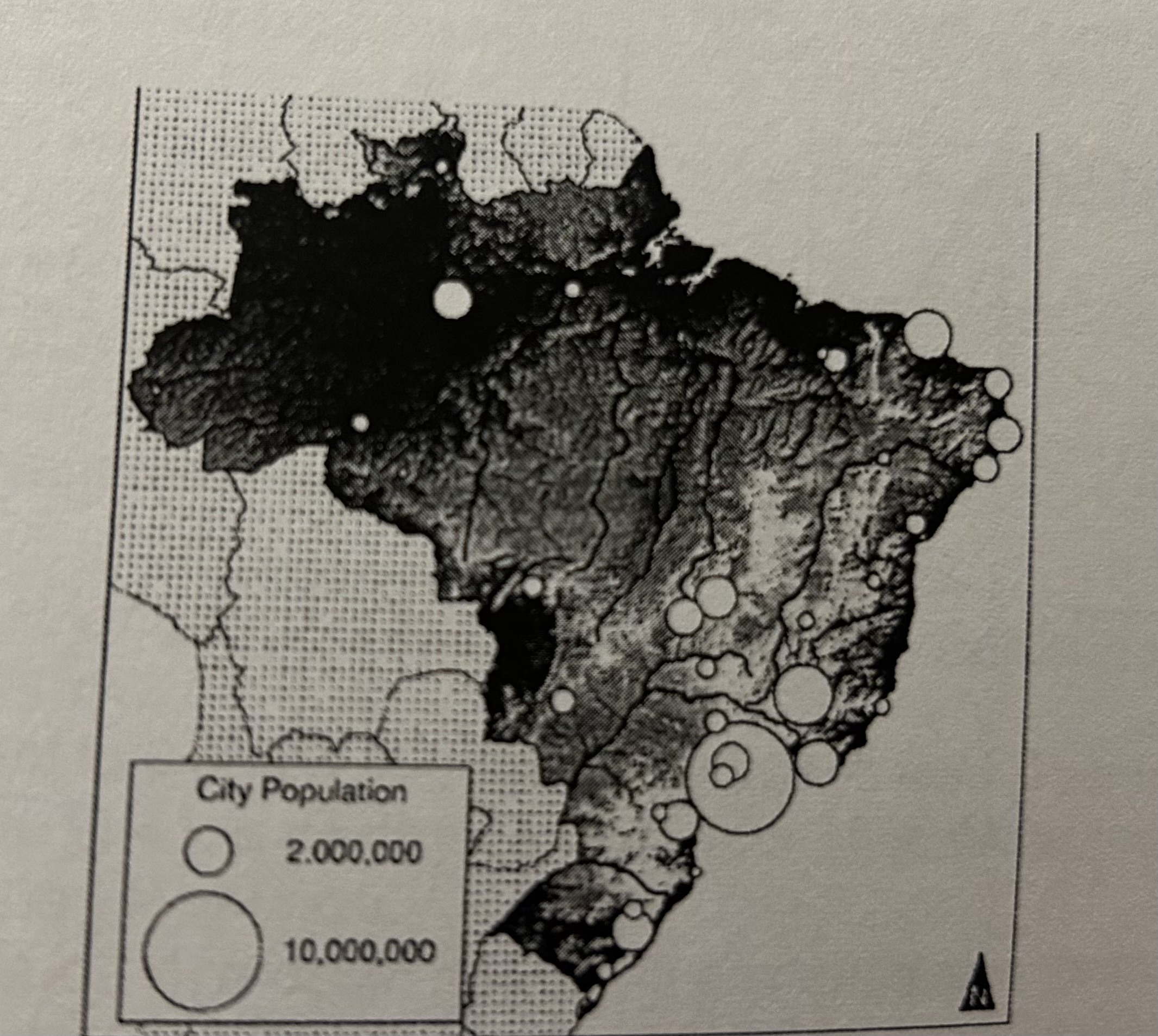 <p>Describe the information a geographer could identify from the map of urban populations in Brazil</p>