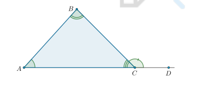 <p>Внешним углом треугольника называется угол, смежный с каким-нибудь внутренним углом треугольника.</p><p>Внешний угол треугольника равен сумме двух углов треугольника, не смежных с ним.</p><blockquote><p>∠BCD = 180° − ∠C =</p><p>= ∠A + ∠B</p></blockquote>