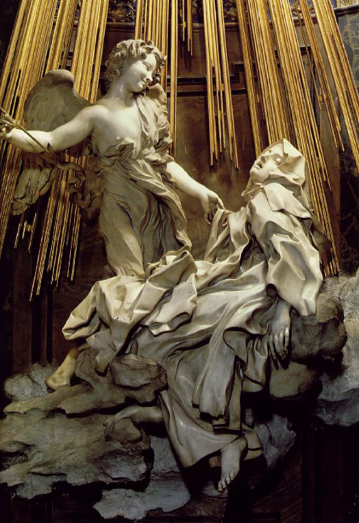 <ul><li><p>Bernini</p></li><li><p>nun, had a vision that angel would stab her in the heart with a flaming arrow → painful ecstasy</p></li><li><p>scare people who left catholicism to come back to catholic church</p></li><li><p>in Cornaro burial chapel (very detailed, borderline rococo)</p></li><li><p>baroque</p></li></ul>