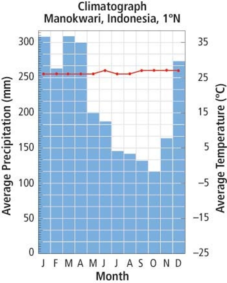 <p>Forests in which rainfall is abundant - more that 200 cm (80 in) per year - and temperatures are warm or hot year-round; near the equator; greatest diversity of species with rain all year and warm all year<br>soil is thin, acidic, and nutrient poor with rapid decomposition and nutrient cycling</p>