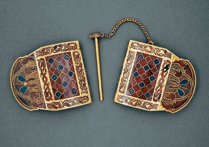 <p>Suffolk, England; early 7th century; gold plaques with granulation and inlays of garnet and checked millefiori glass; Millefiori from the Italian for "a thousand flowers"; Medieval art</p>