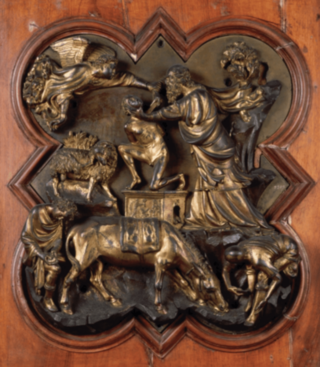 <p>∙ Competition for bronze doors of Florentine baptistery</p><p>∙ based Gen. 22</p><p>∙ Artistic Differences Btwn Ghiberti's:</p><p>- 24 years old</p><p>- Cast panel in several pieces</p><p>- Focus on Biblical implic./ raw emotion</p><p>- Conveys emotion, agitation of figures</p><p>- Artist expresses skills of careful observation and focus</p><p>- Issac= appears as weak young boy not a strong tough man</p><p>- Abraham= chokes Issac w/ bare hands, doesn't threaten him w/ sword</p><p>- Conveys more pictorial illusionism, than naturalism (in it's: landscape, proportions, composition, &amp; portrayal of human form)</p>