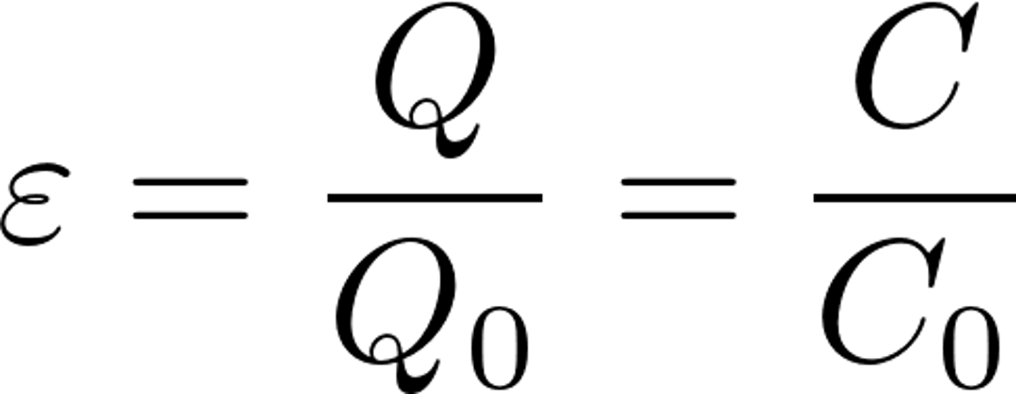 <p>= ratio of the permittivity of a material to the permittivity of free space</p><p>trying to increase this for the dielectric in a capacitor =&gt; higher E(internal) =&gt; smaller E(external) =&gt; larger C</p>
