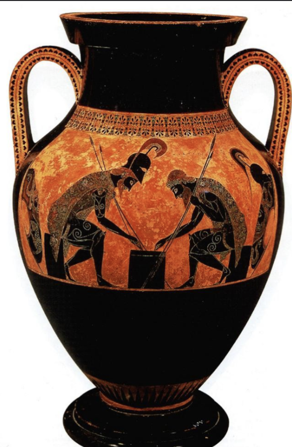 <p>Athenian black figure amphora</p><p>material: painted terracotta—-black figure amphora</p><p>Historical Period: Archaic period</p><p>date: ca. 540-530 BCE</p><p>Creator: Exekias</p>