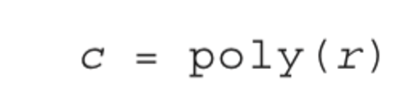 <p>when passed the values of the roots, it returns the polynomial's coefficients. <br><br>where r is a column vector containing the roots and c is a row vector containing the polynomial's coefficients.</p>