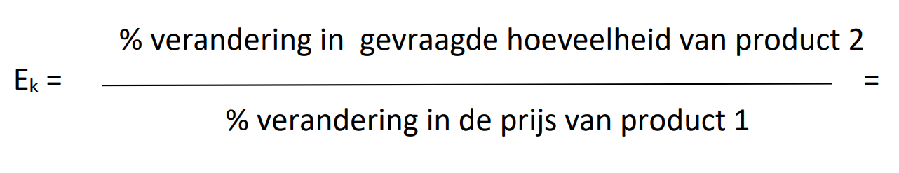 <p>% verandering in gevraagde hoeveelheid van product A / % verandering in prijs van product B. </p>