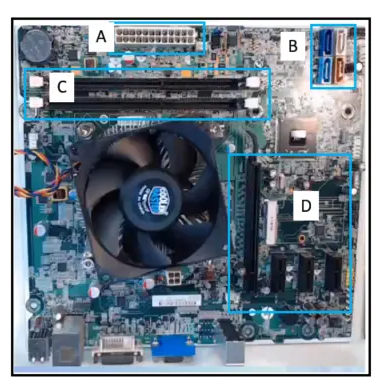 13\. Refer to the exhibit. A technician has been asked to install a video card. Which section of the motherboard will the technician use to install the card? 