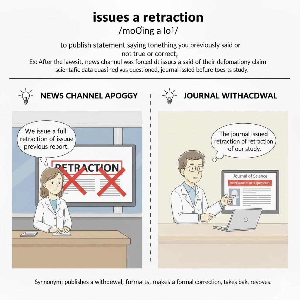 <p>To formally publish or make public a <strong>statement withdrawing</strong> a previously published statement, accusation, or report, usually because it was found to be incorrect or misleading. </p><p>(Chính thức công bố hoặc đưa ra <strong>sự rút lại</strong> một tuyên bố/thông tin đã công bố trước đó, thường là do nó sai hoặc gây hiểu lầm)</p>