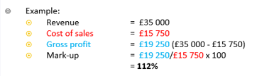<ul><li><p><strong><mark>Gross profit / cost of sales X 100 </mark></strong></p></li></ul><p></p><ul><li><p><strong><mark>GP / COS X 100 </mark></strong></p></li></ul><p></p>