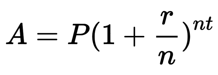 <p>A = Final amount</p><p>P = Initial principal balance</p><p>r = Number of times applied per time period</p><p>n = number of times interest applied per time period</p><p>t = number of time periods elapsed</p>