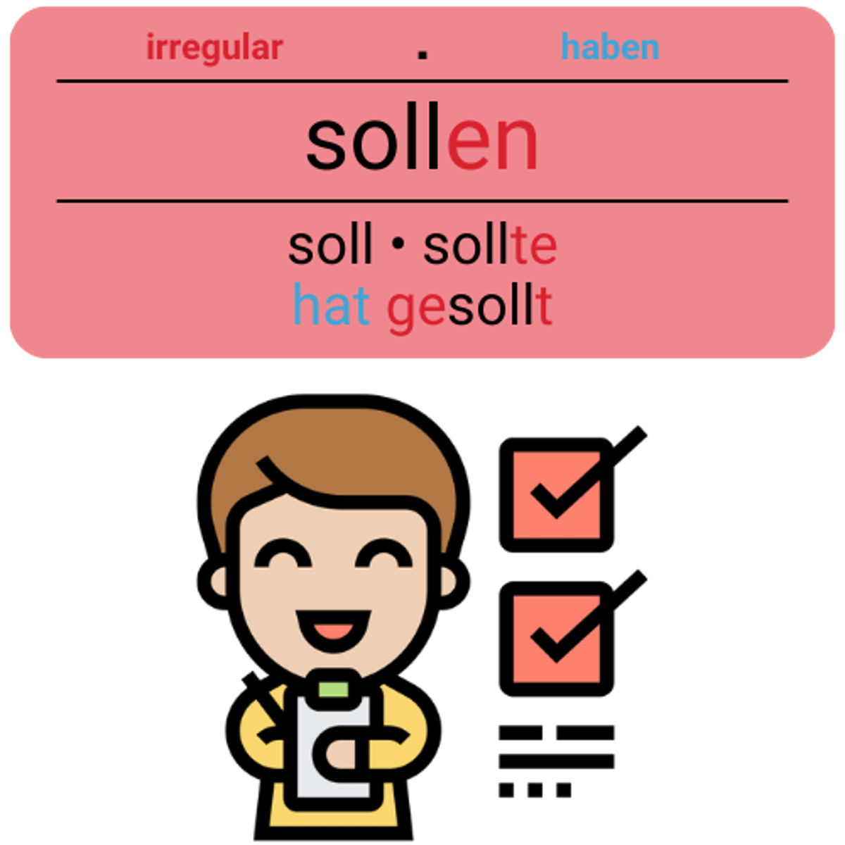 <p>sollen</p><p>(Akk.)</p><p>(Wann soll ich kommen?)</p><p>(When should I come?)</p>