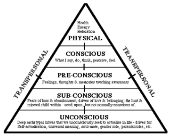 <p>unconscious- deep drives that we unconsciously  seek to actualize</p><p>subconscious- not currently of focal awareness, things we act upon but are not conscious of</p><p>preconscious- feelings, thoughts, and memories touching awareness</p><p>conscious- what we think, say, do, perceive, feel consciously</p><p>physical- health, energy, relaxation</p>