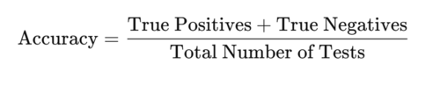 <p>The overall accuracy of a test can be thought of as the proportion of correct results (both true positives and true negatives) out of all tests performed.</p>