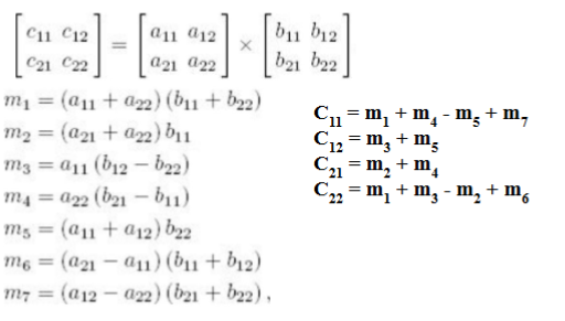 <p>Reduces the number of multiplications and additions/subtractions to 7 and 18</p><p>Recurrence relation: <strong>T(n) = 7T(n/2) + O(n<sup>2</sup>)</strong></p><p>Time complexity: <strong>O(n<sup>2.81</sup>)</strong></p>