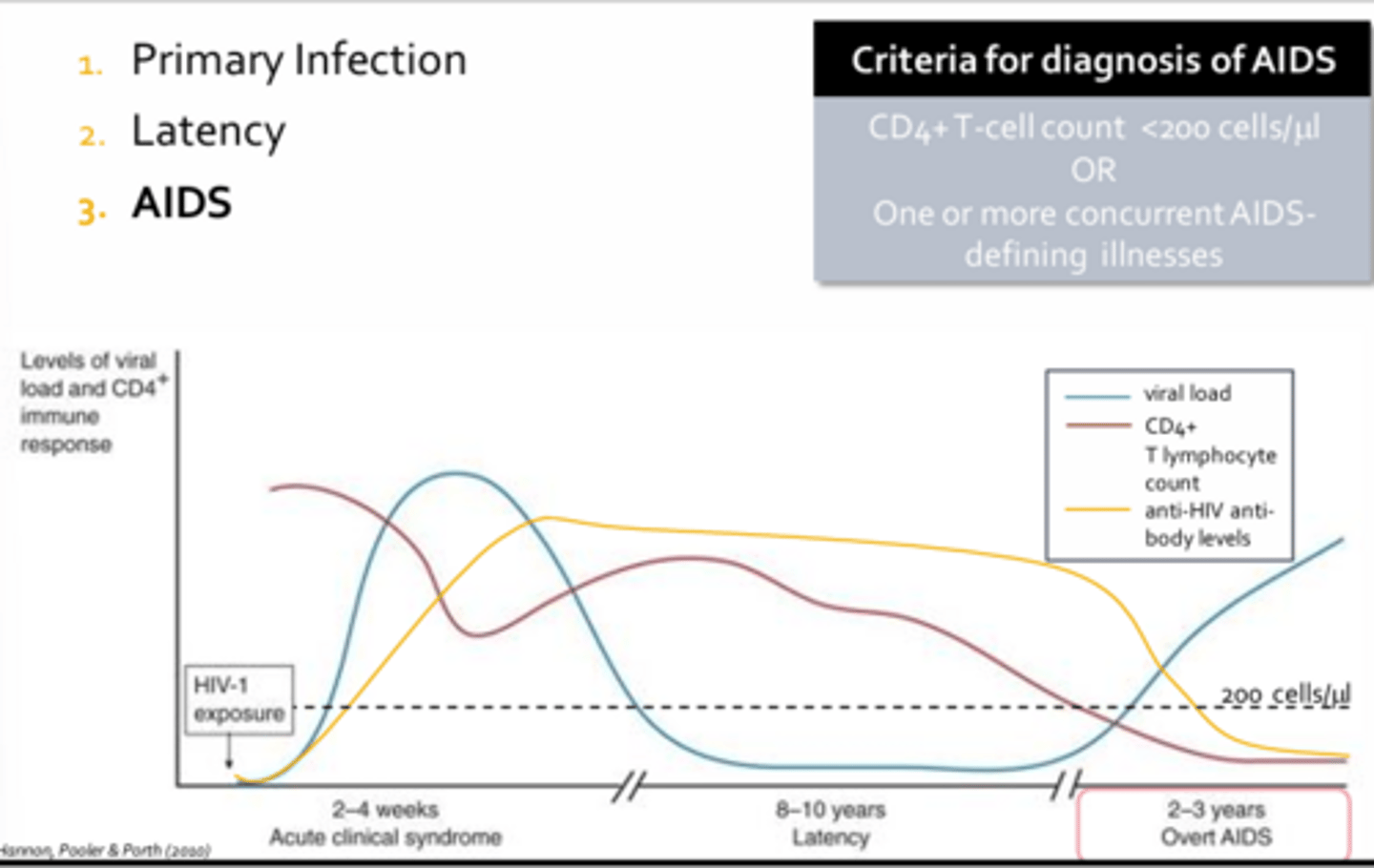 <p>- Patient manifestations to diagnosis of AIDS</p><p>- Without therapy, HIV production will precede unabated, resulting in death from opportunistic infections or rare cancers within 2-3 years</p><p>- Many remain asymptomatic until their CD4+ counts drop below diagnosis threshold</p>