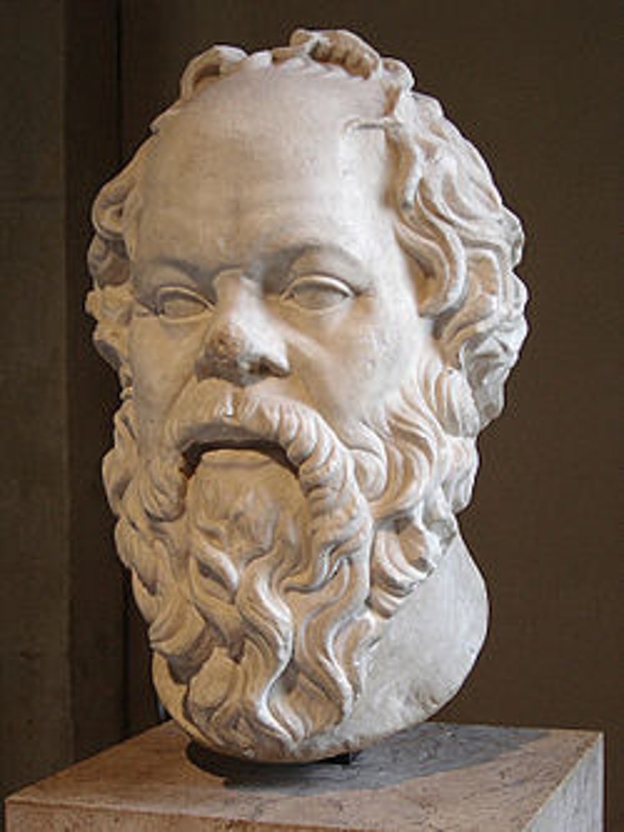 <p>annoying ass philosopher, killed in 399 BCE. Marble head of Sokrates. Roman copy of a Lysippos bronze ca. 340-320 BCE. Rome, Museo Nazionale Romano. Depicted as a balding man, shaggy hair, long beard. very Silenus-esque</p>