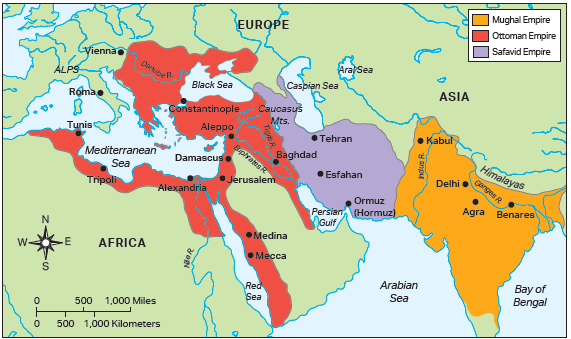 <p></p><p>The Ottoman Empire, Safavid Empire, and Mughal Empire</p>