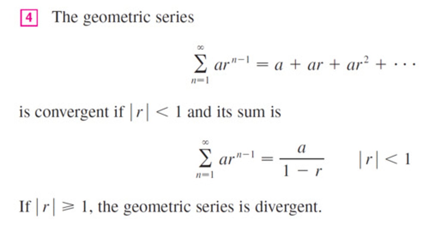 <p>general term = a₁r^n<br>converges if -1 &lt; r &lt; 1, also known as |r| &lt; 1 converges to a/1-r<br><br>|r| ≥ 1 diverges</p>