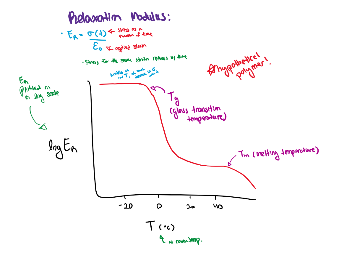 <p>As temperature increases:</p><ol><li><p>Tg - thermal energy overcomes weak secondary interactions in amorphous regions (glass transition temp)</p></li><li><p>Tm - thermal energy overcomes weak secondary interactions in crystalline regions (melting temp)</p></li></ol><p></p>