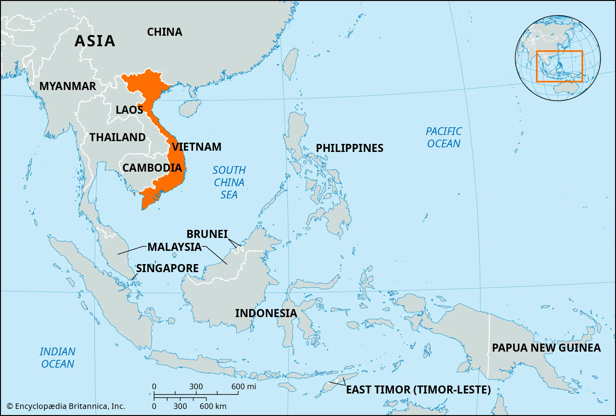 <p> bordered by China to the north, Laos and Cambodia to the west, the Gulf of Thailand to the southwest, and the South China Sea to the east</p>