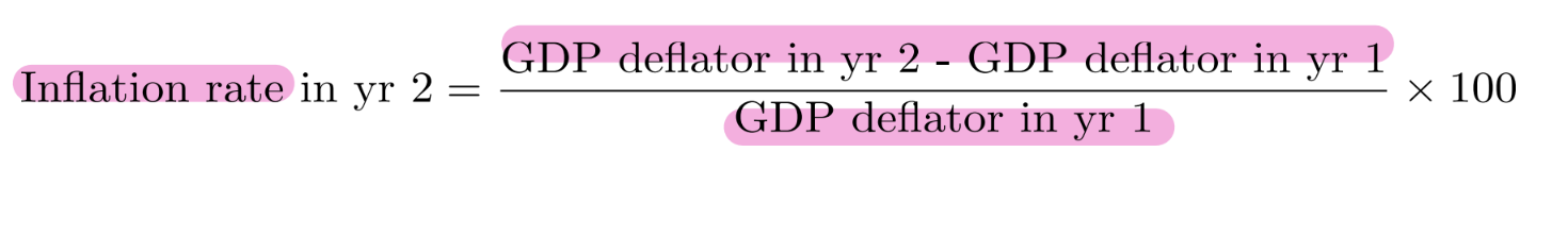 <p>percentage change in some measure of the price level from one period to the next</p><p>= (GDP2d - GDP1d)/GDP1d</p>