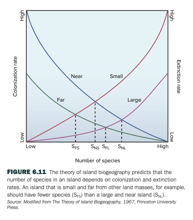 <p>Fig 6.11: How do the number of species compare on small and near islands compared to</p><p>far and large islands? Do colonization rates depend on proximity or size?</p>