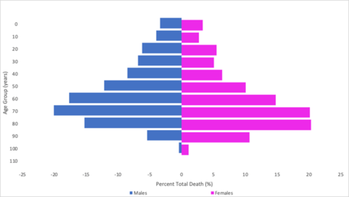 <p>graphs with horizontal bars representing the numbers of males and females of each age group</p><p>--------------</p><p>AXIS</p><p>- X-axis = percent total deaths (%)</p><p>- Y-axis = Age group (years)</p>