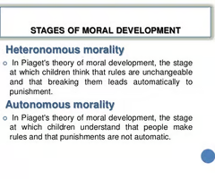 <p>'Intentions vs. Consequences'</p><p>Constraint: (moral realism) children will unquestionably follow the rules laid down by their parents, without mounting any challenge; consequences determine all guilt</p><p>Cooperation: (moral relativism) biological and cultural solutions to recurrent social problems; intent is important in determining guilt</p>