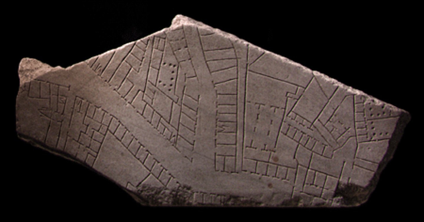 <p>-Marble plan of city</p><p>-3rd C CE (Septimius Severus)</p><p>-Placed on wall in Temple of Peace</p>