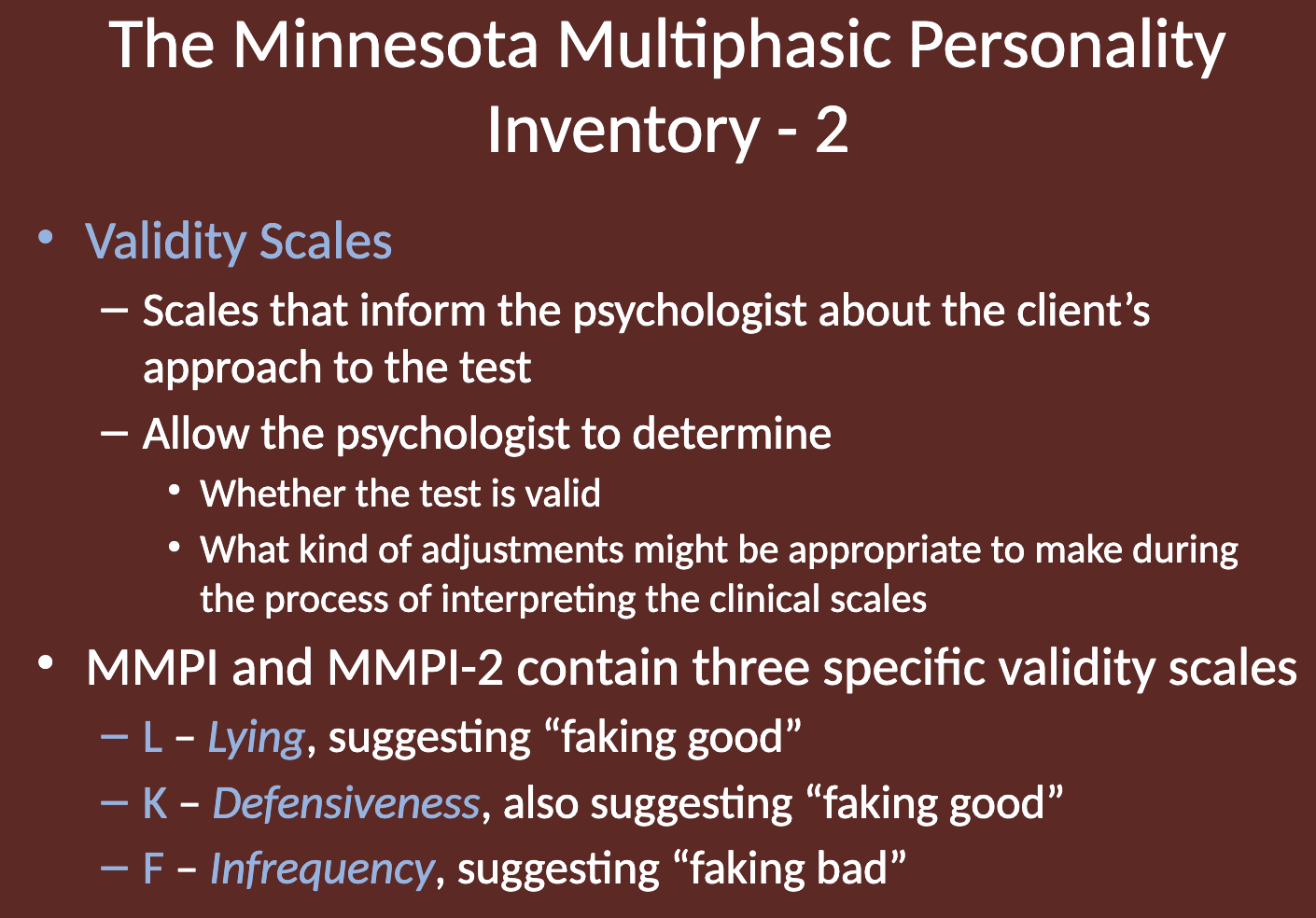 <p>Suggests "faking bad," indicating unusual or infrequent responses, often used to exaggerate symptoms.</p>