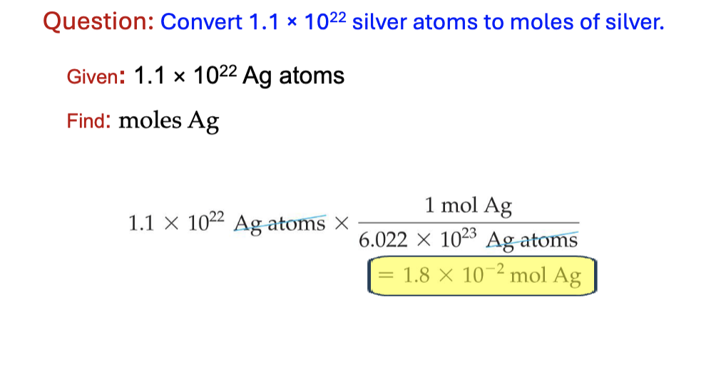 <p>particles x 1 mole.6.023 × 10^ 23 = mole</p>
