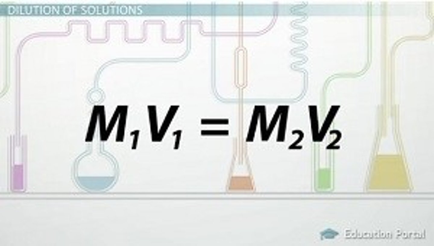<p>(Vc) X (Mc) (Vd) x (Md)</p><p>------------ = ------------</p><p>1000 1000</p><p>C= concentration</p><p>D= Dilute</p>