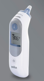 <p>These are often battery-powered and are used to take the temperature in the ear.  They are very fast and take about 3 seconds to register the temperature.  They can be a bit difficult to learn to perform however as the thermometer must be placed in the ear canal snugly without hurting the patient.  They have probe covers. </p>